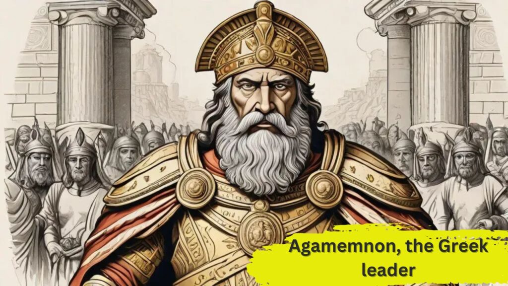 Agamemnon, the Greek leader, wearing a golden crown and royal armor, standing with authority in front of a grand tent.