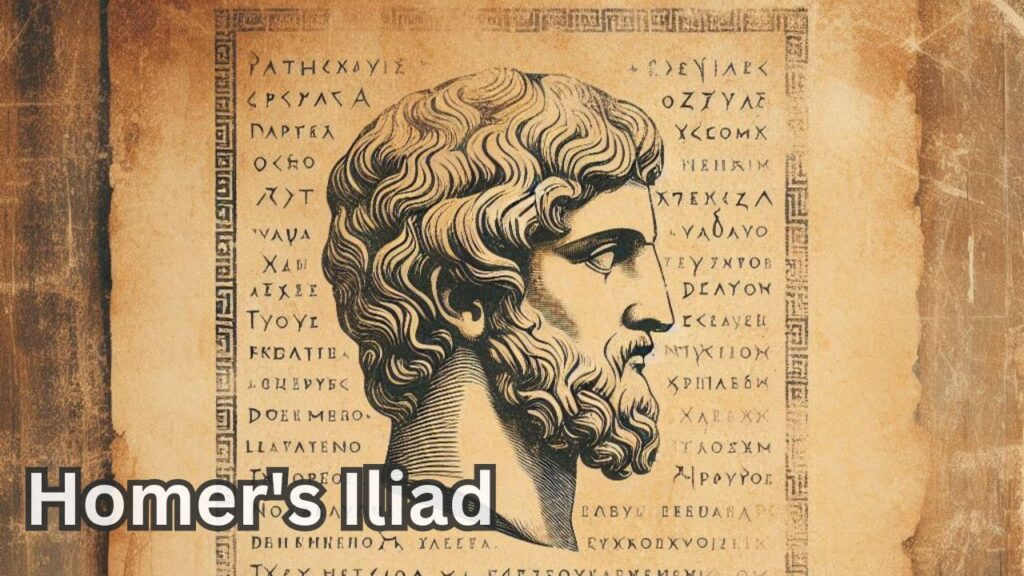 An ancient Greek scroll with faded text, symbolizing Homer’s epic poetry, with a subtle profile of Homer in the background.