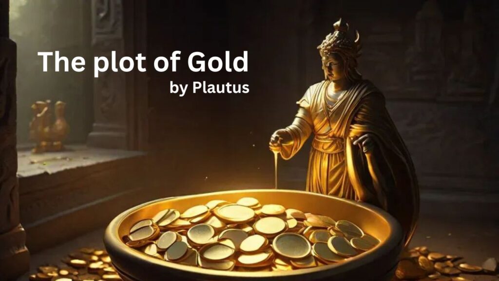 A glowing pot overflowing with gold coins in a shadowy corner, symbolizing greed and wealth, with subtle ancient Roman motifs in the background.