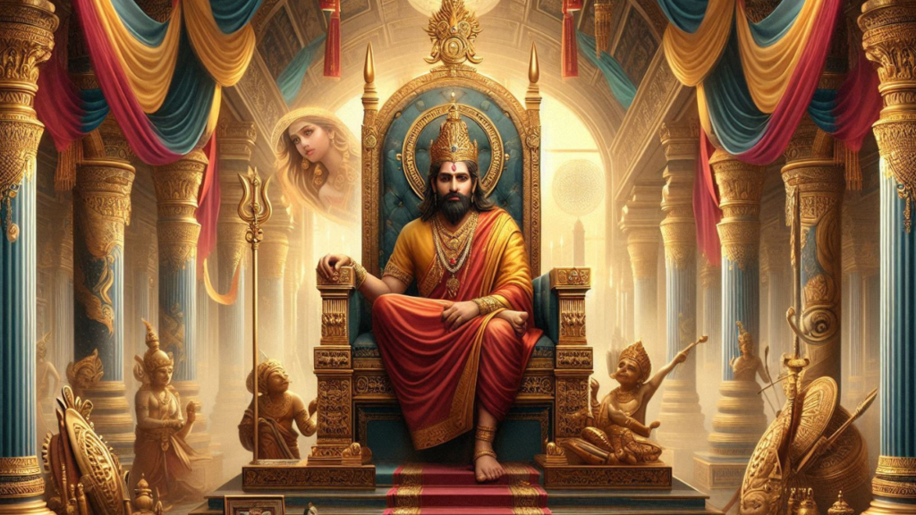 Illustration of King Dushyanta seated on a grand throne in a majestic palace, surrounded by royal fabrics and symbols of power, with an expression of wisdom and regret. A faint figure of Shakuntala appears in the background, and a child plays nearby, symbolizing his son Bharata.