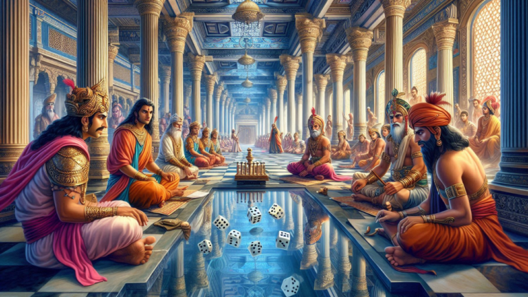 A tense scene from the Mahabharata's Game of Dice in a grand hall with tall pillars and reflective water. Yudhishthira sits at the dice table while Shakuni casts dice, the Pandavas stand distressed, Duryodhana watches triumphantly, and Draupadi is dragged into the hall as the elders watch in silence.