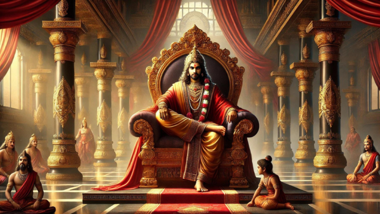 Depiction of King Dushyanta sitting on a throne in a grand palace, with a somber expression showing his inner turmoil. He is surrounded by rich fabrics, ornate pillars, and royal symbols. A faint figure of Shakuntala is in the background, while a child symbolizing Bharata plays nearby