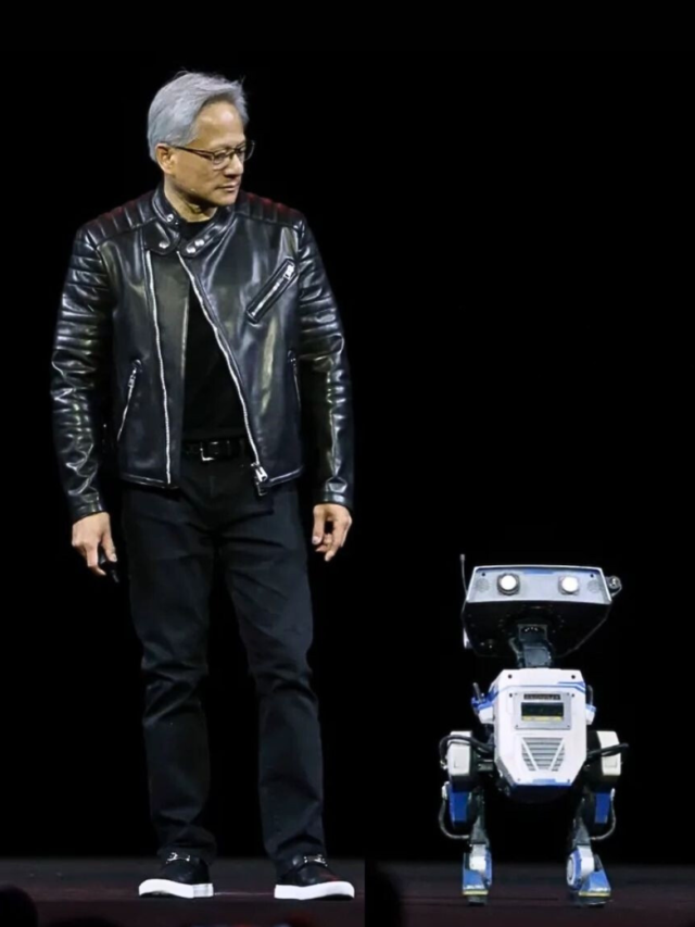 A floating robot named Blue by NVIDIA, featuring dual antennas and advanced sensors, captured on a dark studio background.