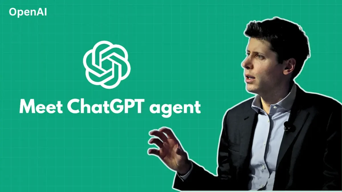 OpenAI CEO Sam Altman introducing ChatGPT agent on green background with OpenAI logo