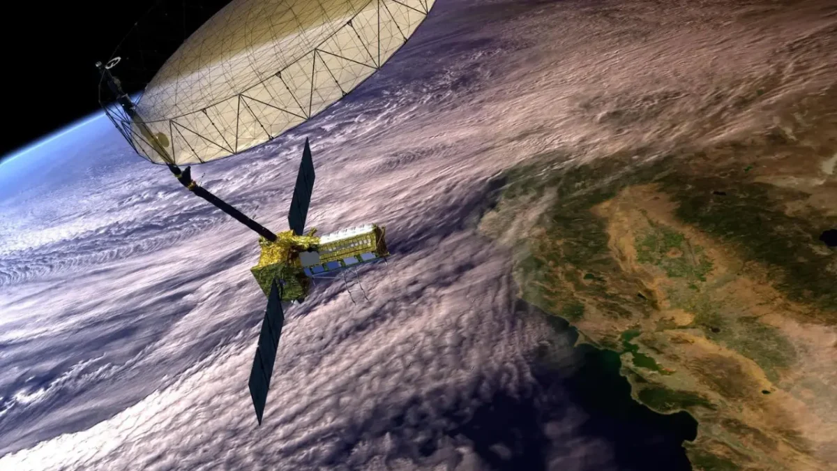 Illustration of the NISAR satellite in orbit around Earth with dual radar systems