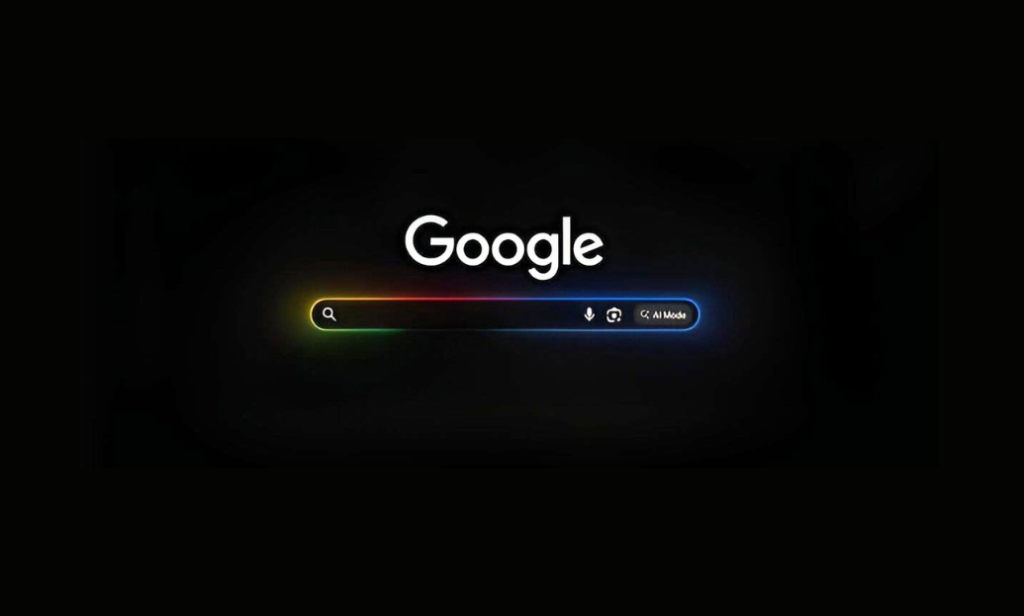 Futuristic Google search bar in dark mode with AI Mode and glowing neon effects