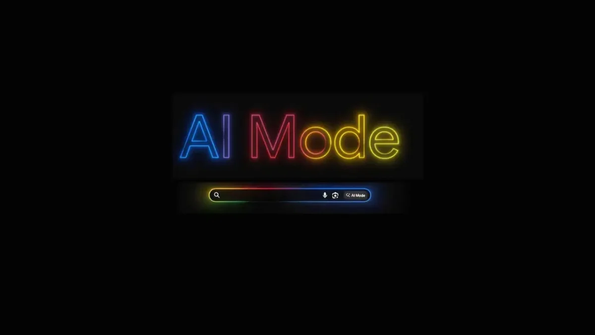 Glowing AI Mode text in blue, red, and yellow neon colors on a dark background