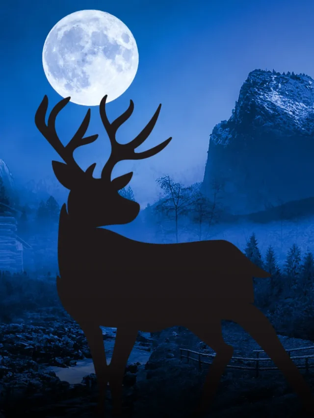 Silhouette of a buck under the full Buck Moon on July 10, 2025, in a blue mountain night landscape.
