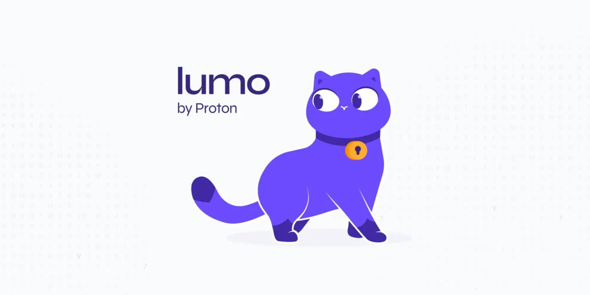 Purple cartoon cat with a lock collar representing Lumo AI by Proton.
