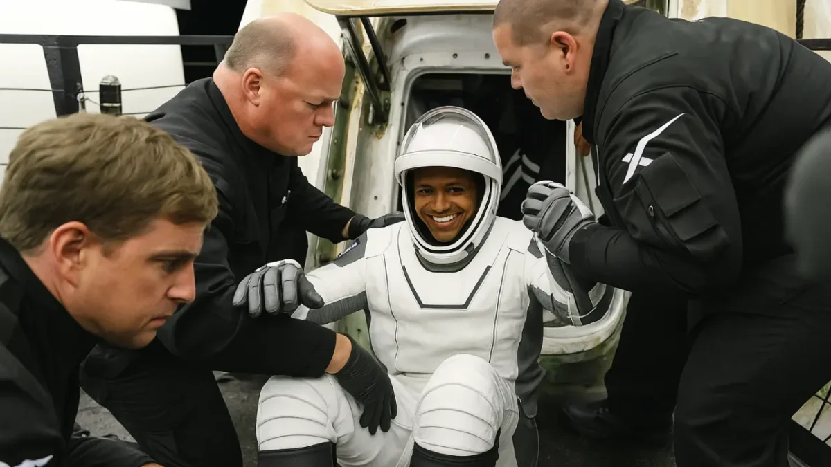 Indian astronaut Shubhanshu Shukla being assisted out of a space capsule by SpaceX ground crew after returning from a space mission.