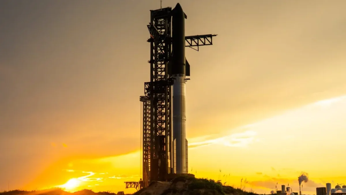 SpaceX Starship stacked on Super Heavy booster ahead of its tenth flight test at Starbase, Texas during sunrise.