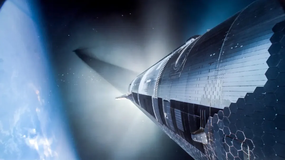 SpaceX Starship Flight 9 ascending above Earth with sunlight illuminating the rocket's surface.