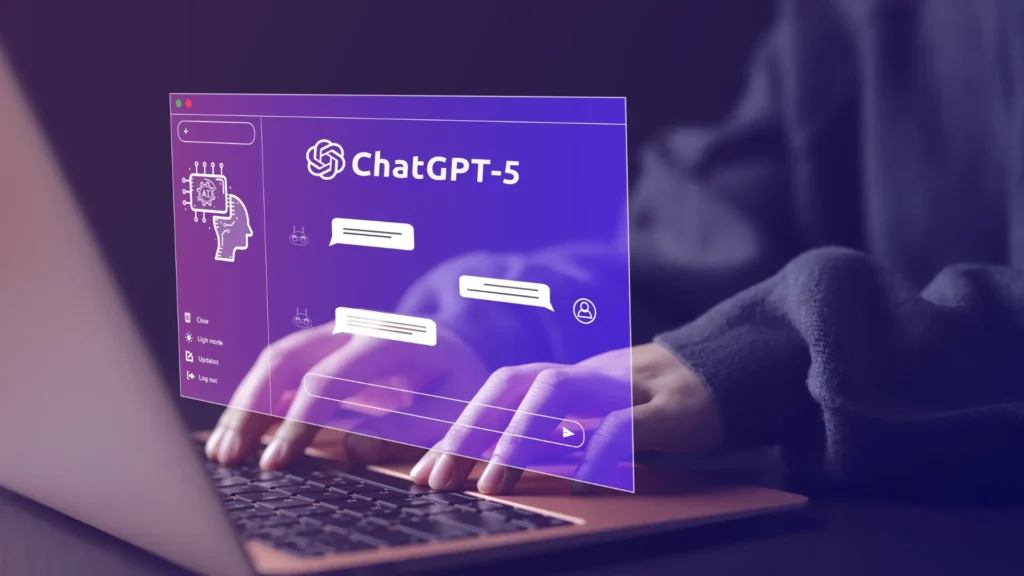 User interacting with ChatGPT-5 AI interface on laptop with futuristic chat design