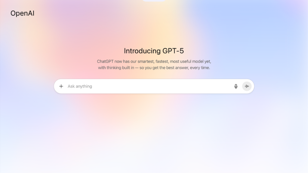 GPT-5 introduction screen on ChatGPT with tagline about smarter, faster, and more useful AI.