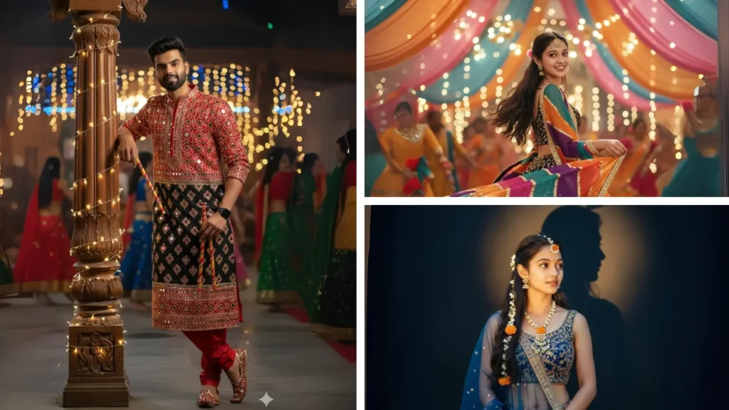 Collage showing men and women in traditional Indian attire for Navratri, including embroidered kurtas and colorful lehengas at a Garba celebration.