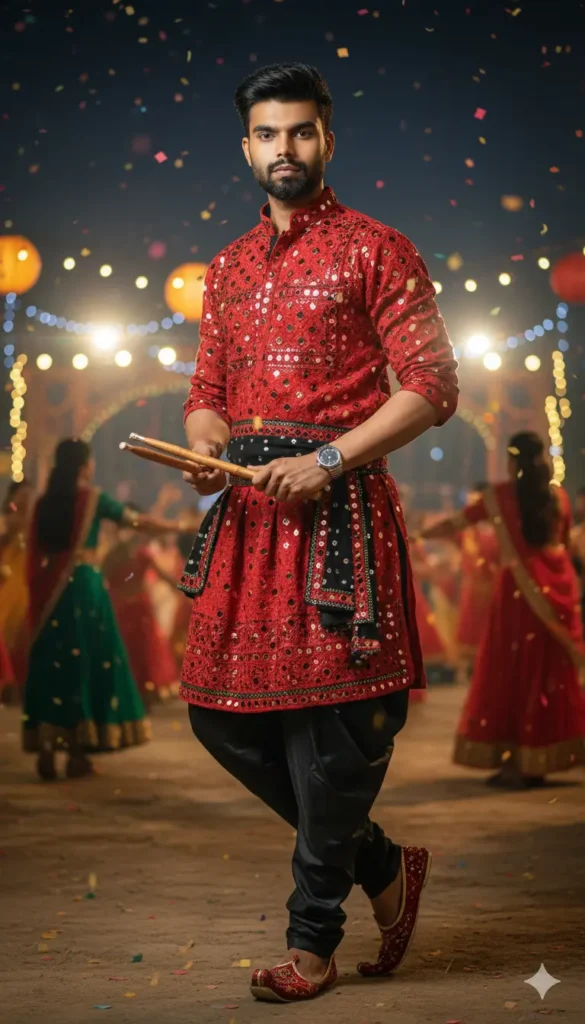Man wearing a red mirror work kurta and black dhoti pants at a Garba event, holding dandiya sticks.