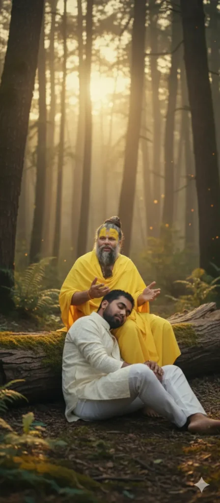 Premananda Maharaj ji teaching a disciple in a peaceful forest, with sunlight shining through the trees.