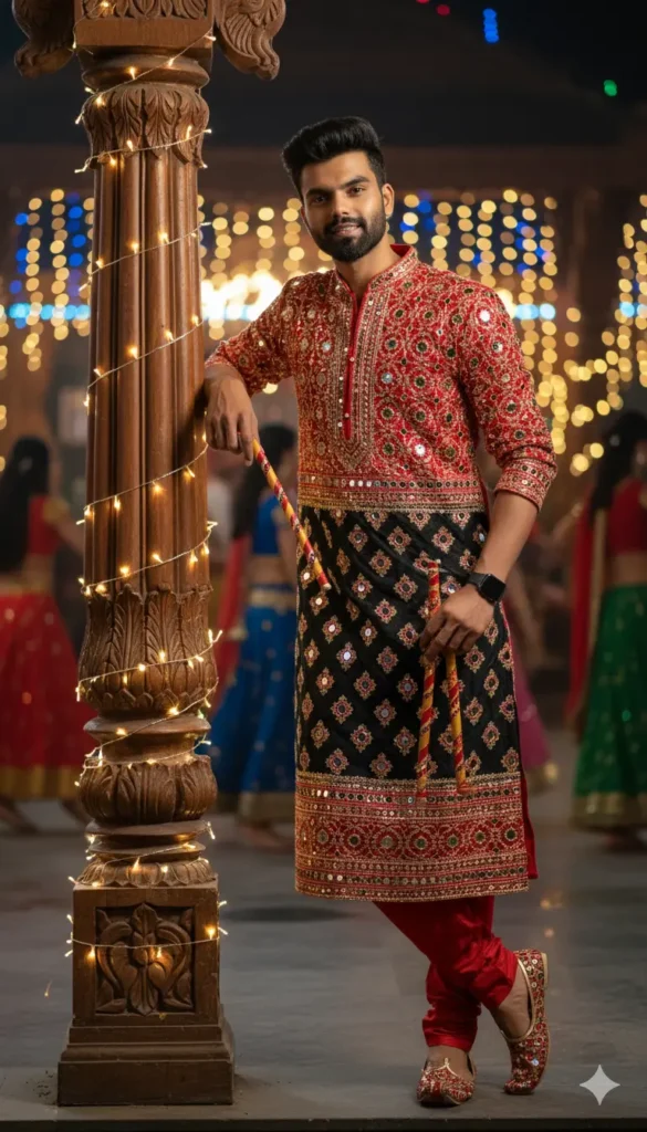 Man in a red and black embroidered kurta with churidar pants, leaning on a pillar decorated with lights at a Garba celebration.