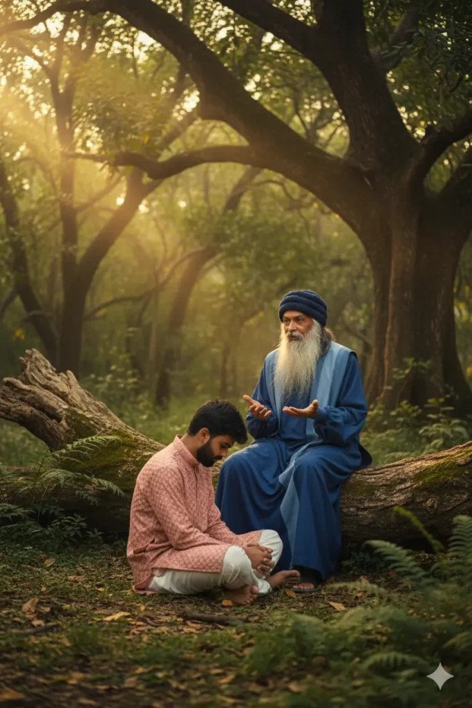 Osho teaching a disciple in a peaceful forest, with sunlight shining through the trees.
