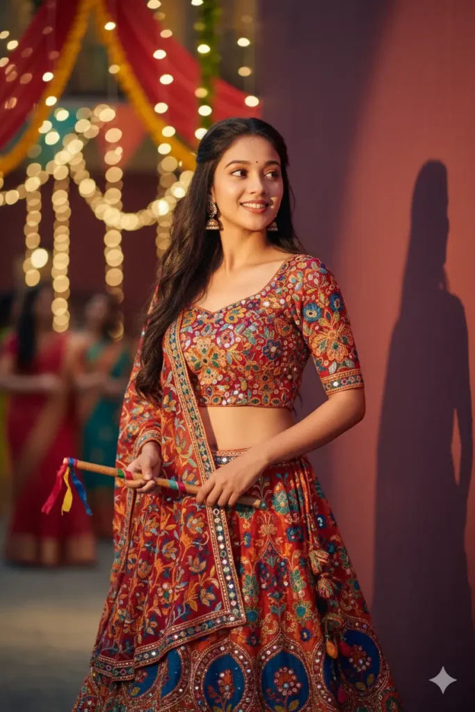 Gemini AI generated image of an Indian woman in a red embroidered lehenga holding dandiya sticks