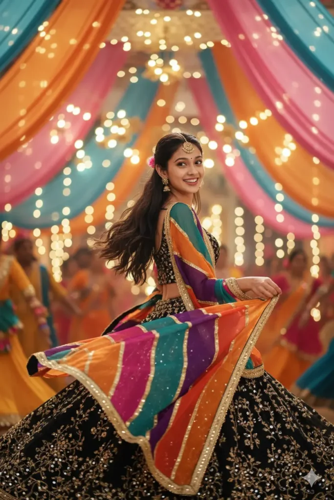 Gemini AI generated image of an Indian woman in black lehenga choli with colorful dupatta dancing joyfully during Navratri