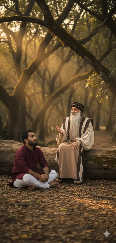 Osho sitting on a tree trunk, sharing wisdom with a disciple in a peaceful forest.