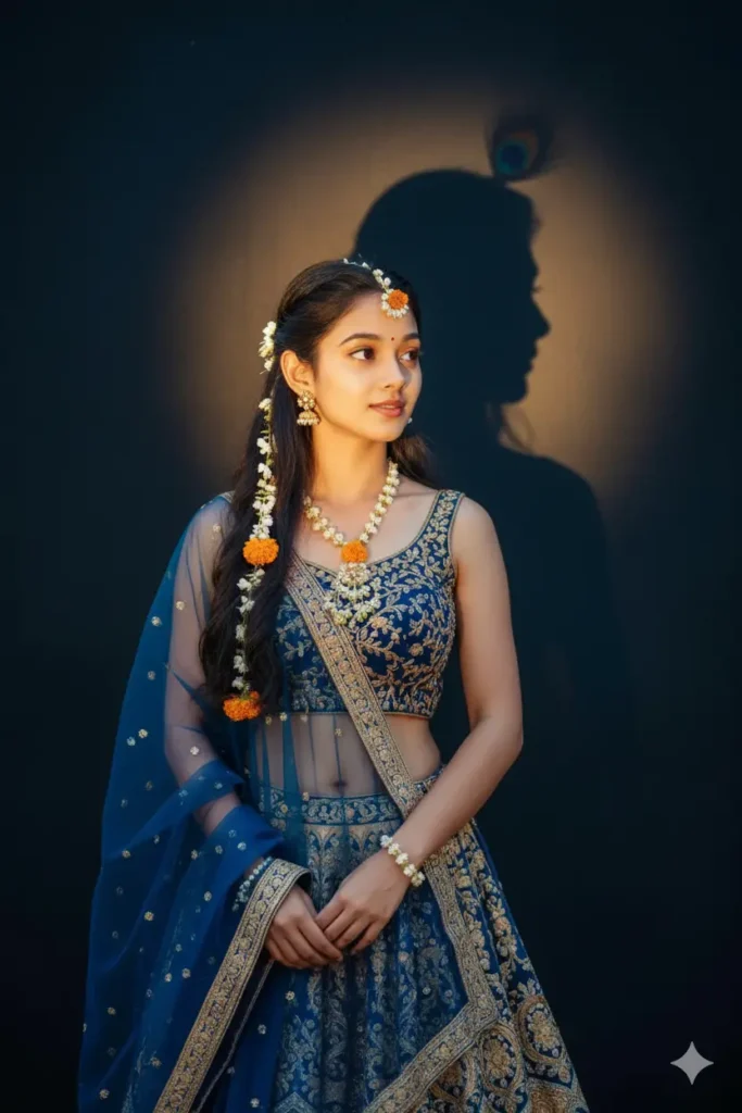 Gemini AI generated image of an Indian woman in a blue embroidered lehenga with floral jewelry