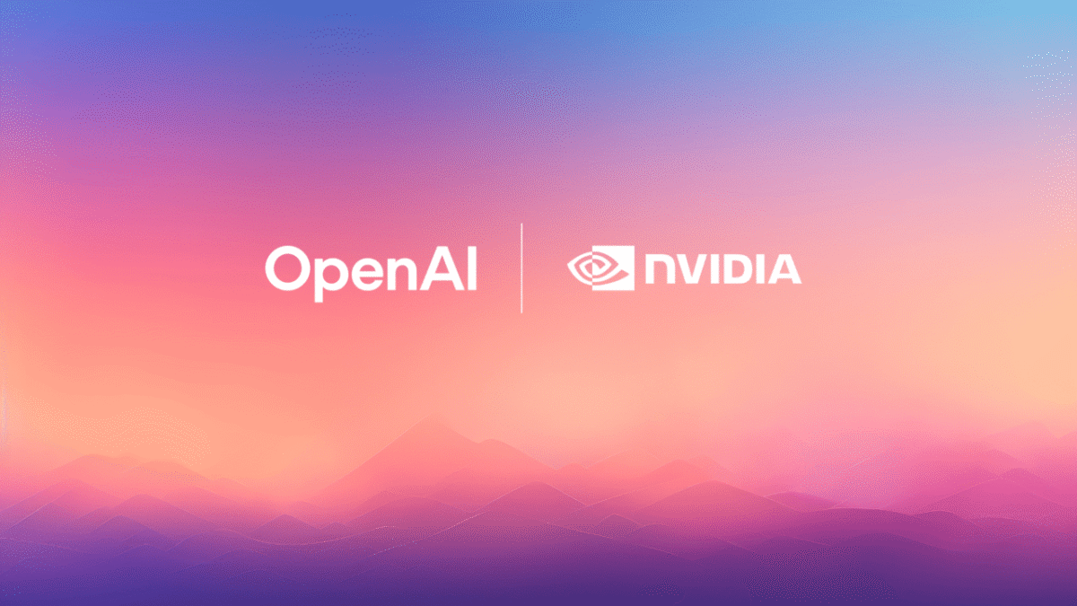 OpenAI and NVIDIA logos on a futuristic gradient background, representing a $100 billion partnership to build advanced AI infrastructure and supercomputing power.