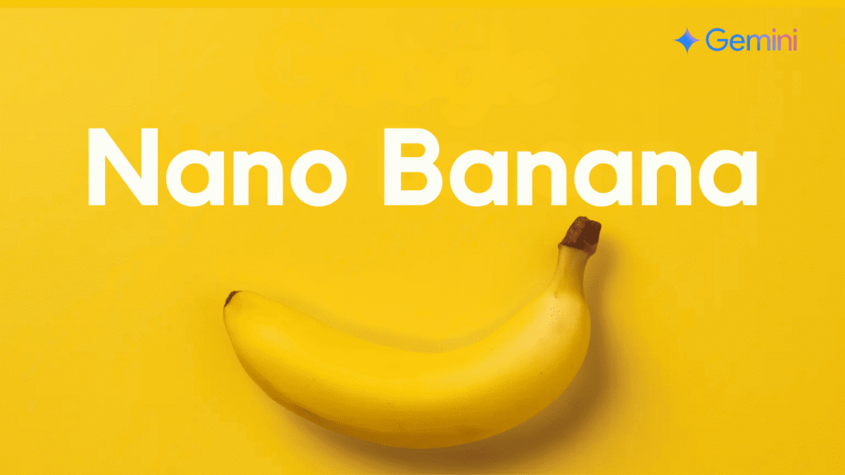 Nano Banana logo with Gemini branding on a yellow background featuring a banana.