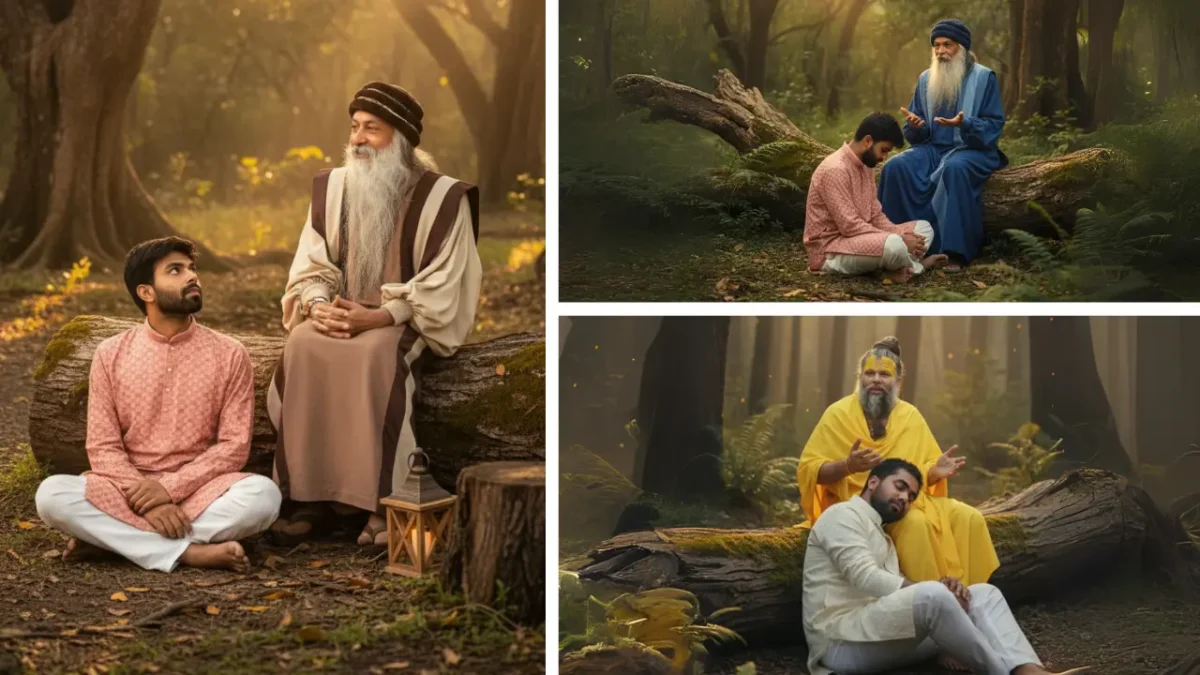 Three-part image: Osho-like saint giving discourse to a young disciple in a deep forest (top-left); another guru in blue robes talking to a disciple (top-right); and a third saint in yellow robes imparting wisdom (bottom), all set against a natural, serene forest backdrop.