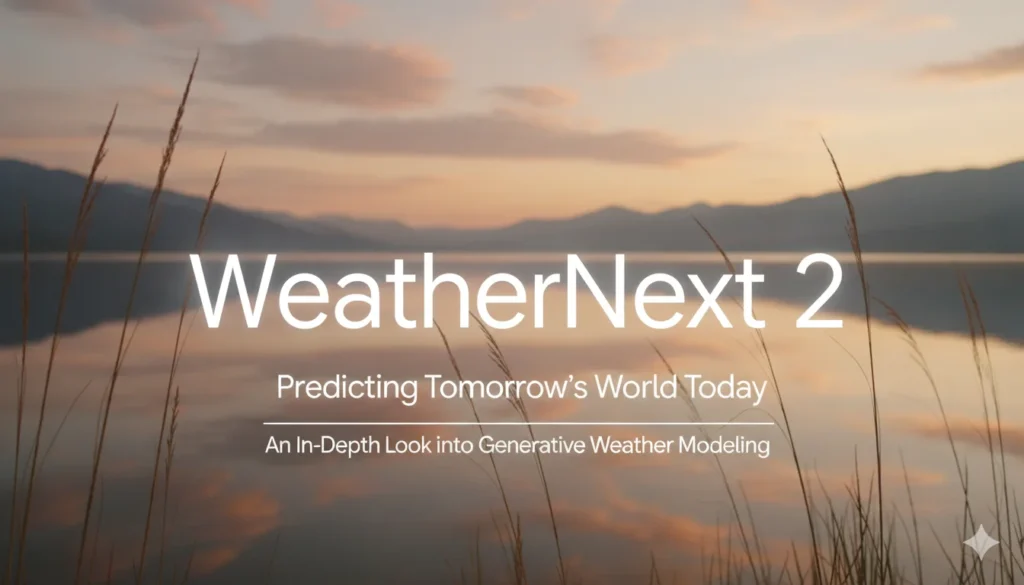 WeatherNext 2 banner showing a calm lake sunset with text about generative weather modeling