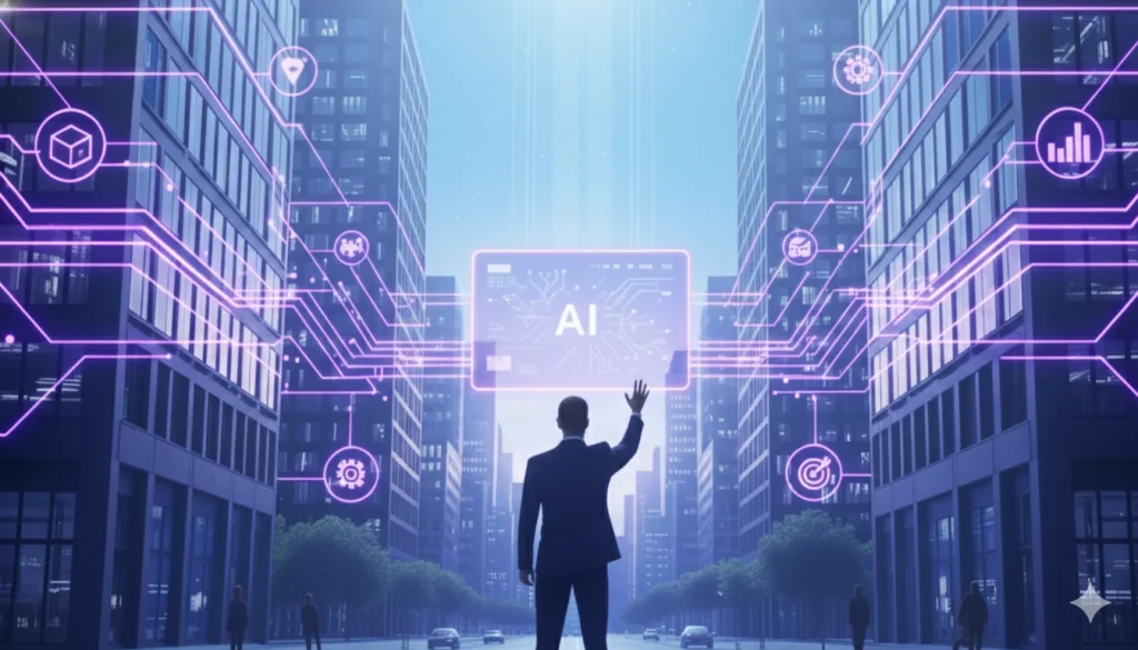 A man standing in a futuristic city with glowing AI digital interfaces and technology icons representing automation, data, business And AI