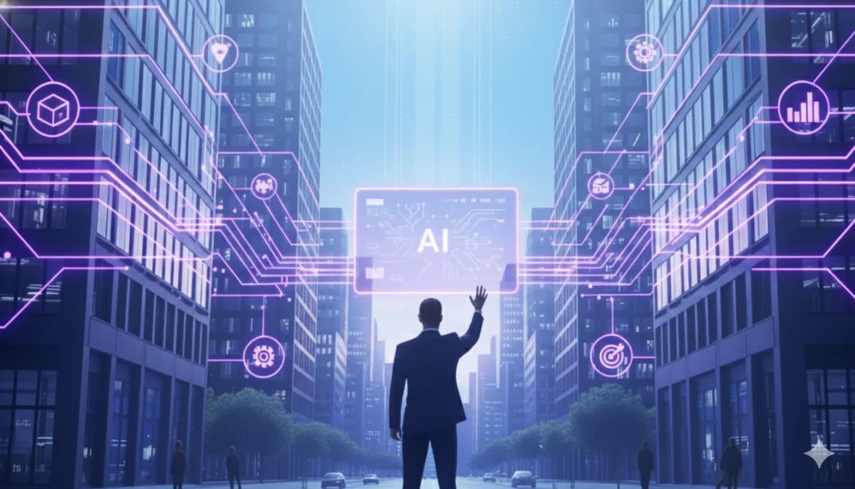 A man standing in a futuristic city with glowing AI digital interfaces and technology icons representing automation, data, business And AI