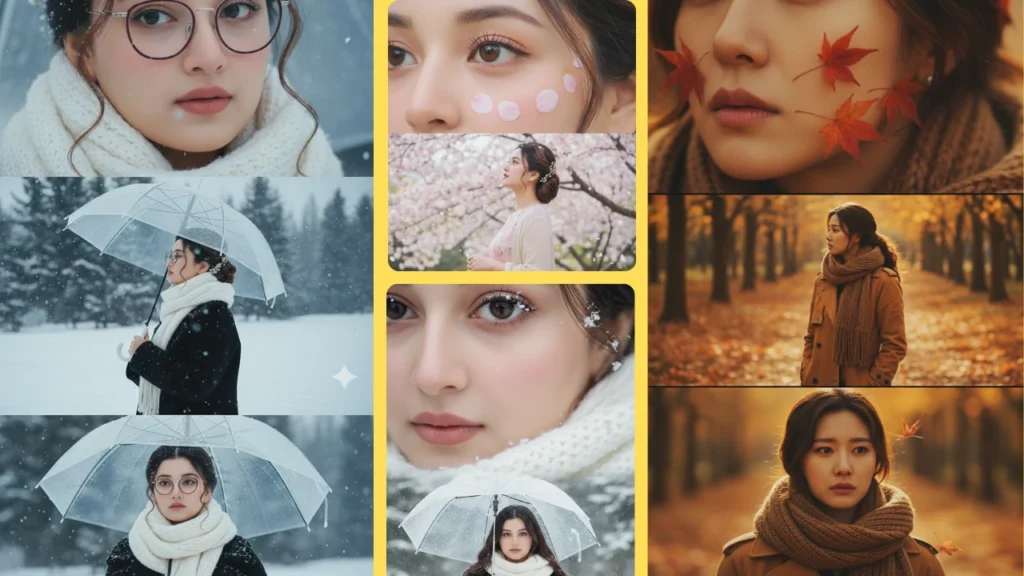 3 Layer Gemini AI photo editing prompt of a girl in snowfall and autumn forest, close-up portraits, umbrella winter pose, and cherry blossom soft-girl shot — viral triptych AI style 2025.