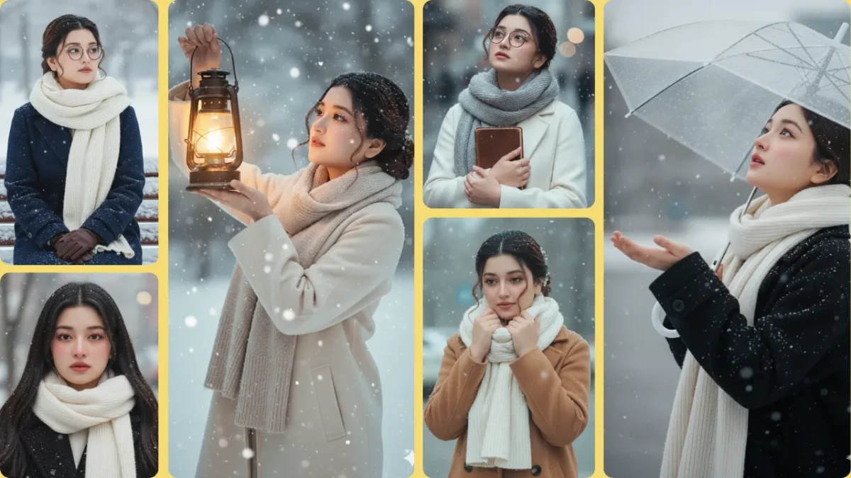 Aesthetic winter girl collage created with Gemini AI, featuring soft snowfall, cozy winter outfits, scarf styling, and cinematic snow photo prompts for girls.