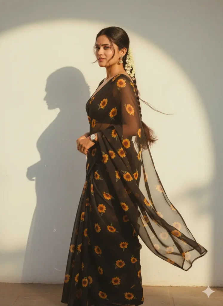 AI-generated image of a girl wearing a black saree with sunflower patterns, side pose under soft golden light, created with the prompt for Gemini AI girl in saree.