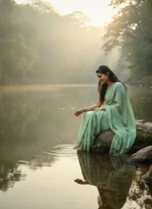 AI-generated girl sitting by a calm river in a green saree during sunrise, created using prompt for Gemini AI girl in saree with golden soft tones.