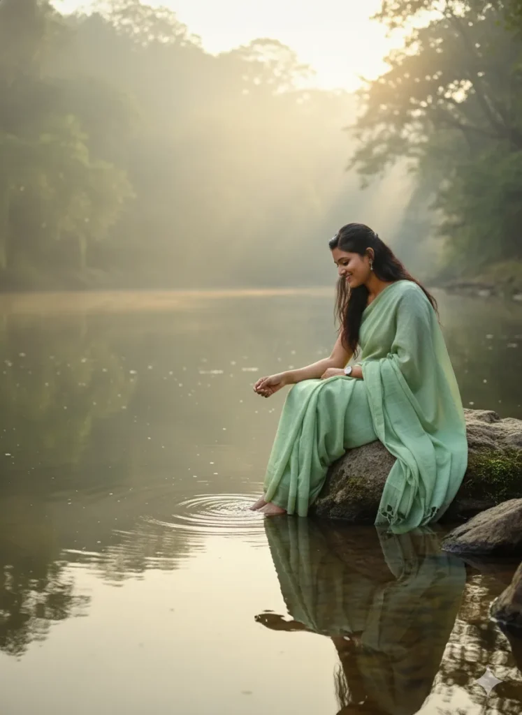 AI-generated girl sitting by a calm river in a green saree during sunrise, created using prompt for Gemini AI girl in saree with golden soft tones.