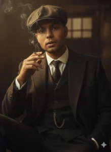 Cinematic portrait of a man in a three-piece suit and flat cap smoking, created using Peaky Blinders Prompt in Google Gemini AI photo editing trend 2025