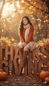 Aesthetic lifestyle portrait of a girl sitting on wooden Thanksgiving letters, created using a Gemini AI prompt for girls.