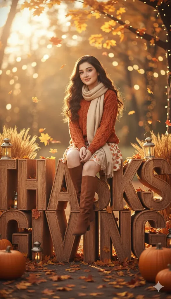 Aesthetic lifestyle portrait of a girl sitting on wooden Thanksgiving letters, created using a Gemini AI prompt for girls.