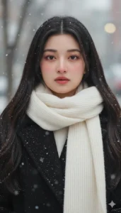 Gemini AI snow portrait close-up girl in black coat and white scarf winter aesthetic photo