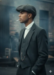 AI portrait of a man in a grey three-piece suit and flat cap standing on an industrial street, cigarette in mouth, Peaky Blinders Prompt created with Google Gemini AI