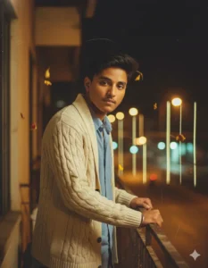 Young boy standing on a balcony with warm night city lights behind him, made using gemini Romantic AI photo Prompt.