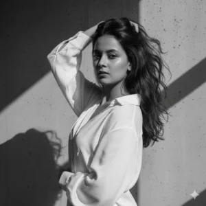 Cinematic black and white portrait of a woman posing confidently in natural light, trending Google Gemini AI photo editing style for Instagram 2025