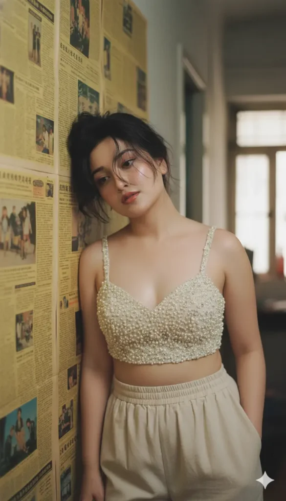 Girl in pearl top leaning on yellow-toned newspaper wall — Newspaper Studio Gemini AI Photo Prompts inspired portrait.