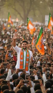 BJP Prompt realistic AI image of a man waving to a massive crowd holding orange flags during an election rally, created using Google Gemini AI photo editing tools