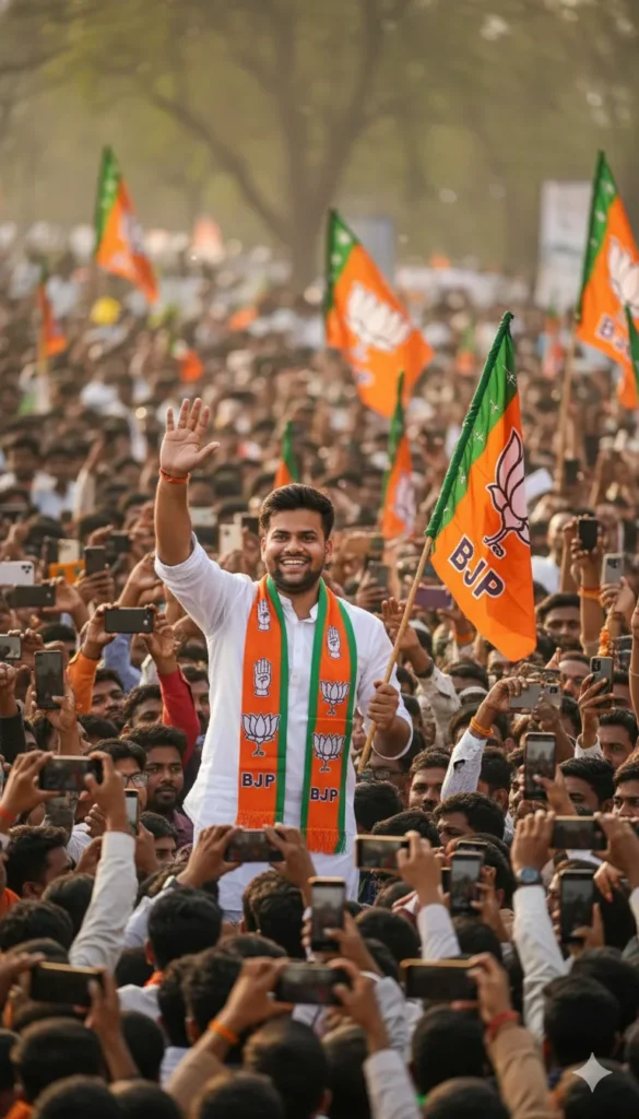 BJP Prompt realistic AI image of a man waving to a massive crowd holding orange flags during an election rally, created using Google Gemini AI photo editing tools