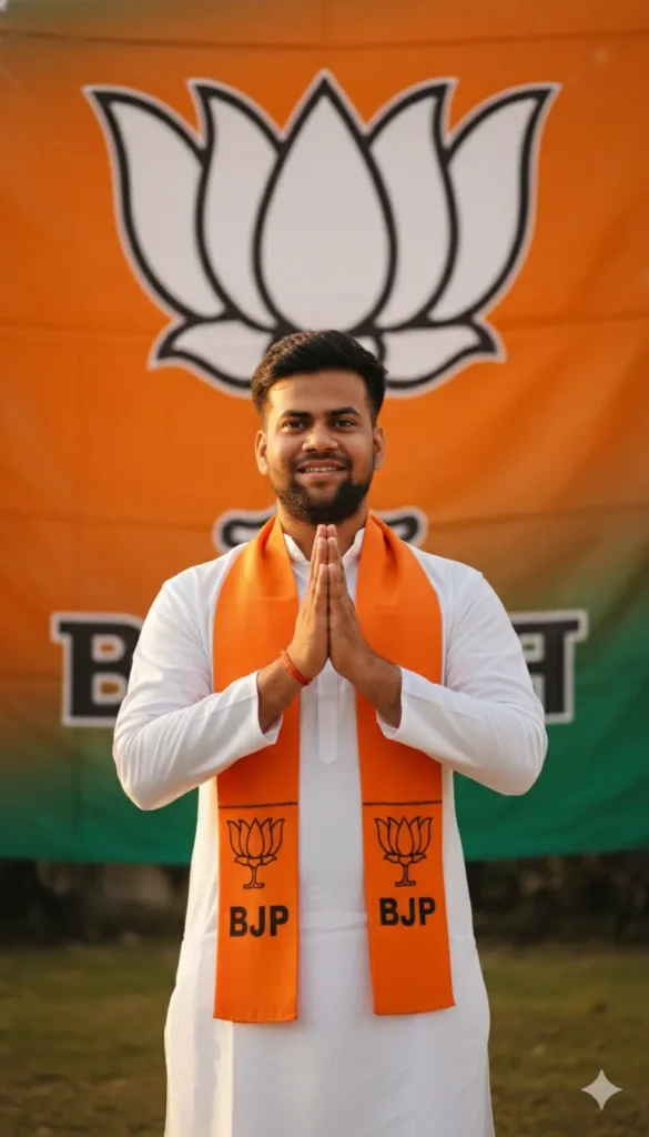 BJP Prompt AI portrait of a man greeting the public with folded hands in front of a saffron party banner, captured in warm daylight tones