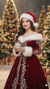 Woman wearing Santa red velvet dress holding Christmas ornament | Gemini AI Christmas Photo Prompt 2025